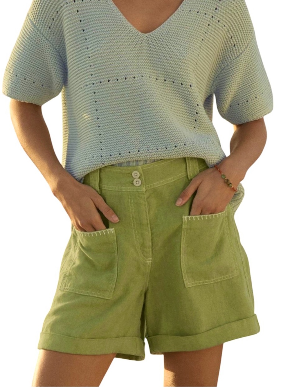 Wrap London NEW Linen Patch Pocket Shorts Size 6 Leaf Green High Waist Wide Leg